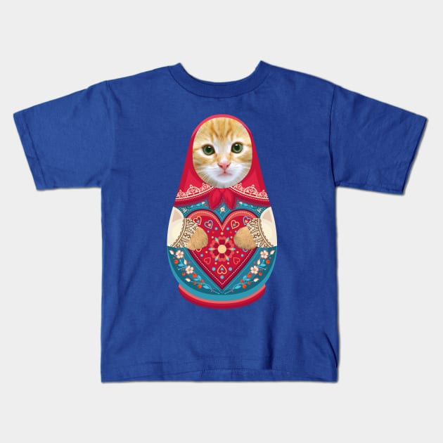 Russian Doll Matryoshka with Cat Face and Fluffy Paws Kids T-Shirt by XOZ